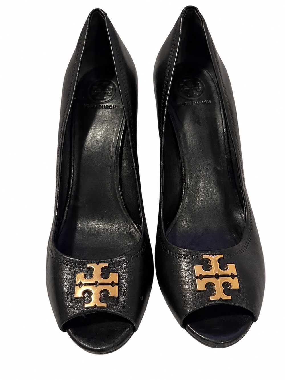 Tory Burch Black Leather Peep-Toe Wedge Heels
